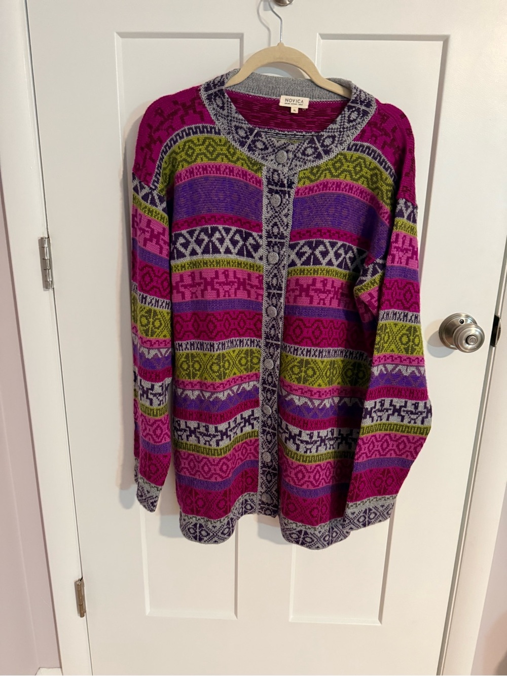 Novica Women's Multicolor Alpaca Cardigan - Magenta & Purple